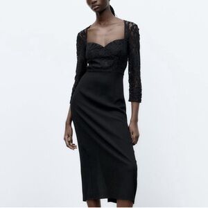 ZARA BLACK FORMAL LACE TOP MIDI DRESS HOLIDAY PARTY DRESS SIZE SMALL